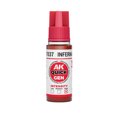 AK Interactive Quick Gen Infernal Red bottle with dark red contrast paint for moody miniature effects and matte finish.