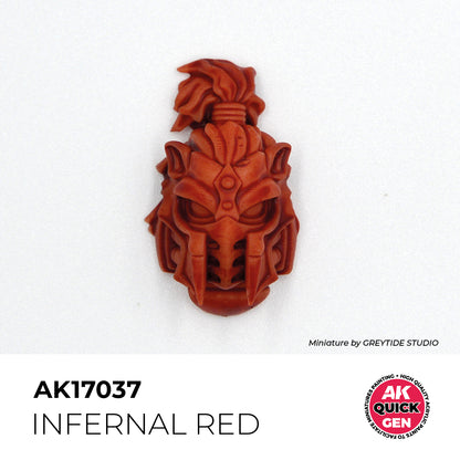 AK Interactive Quick Gen Infernal Red on detailed demonic helmet miniature with deep moody matte finish.