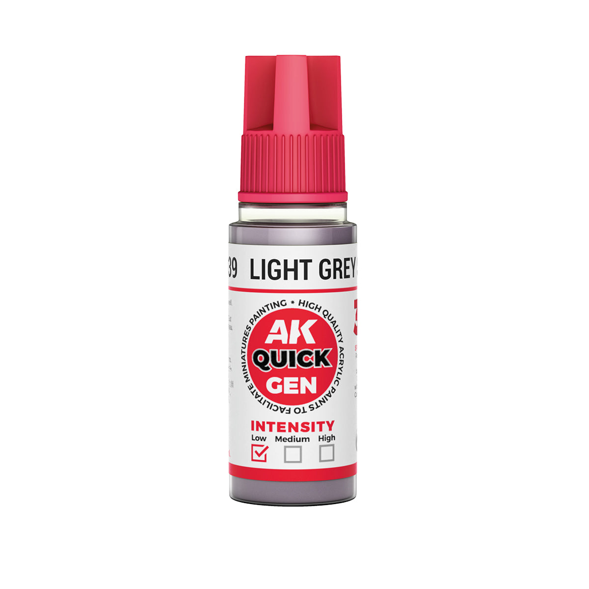 AK Interactive Quick Gen Light Grey Shadow 18ml bottle for subtle shading, pre-shading, and terrain detailing in miniature painting.