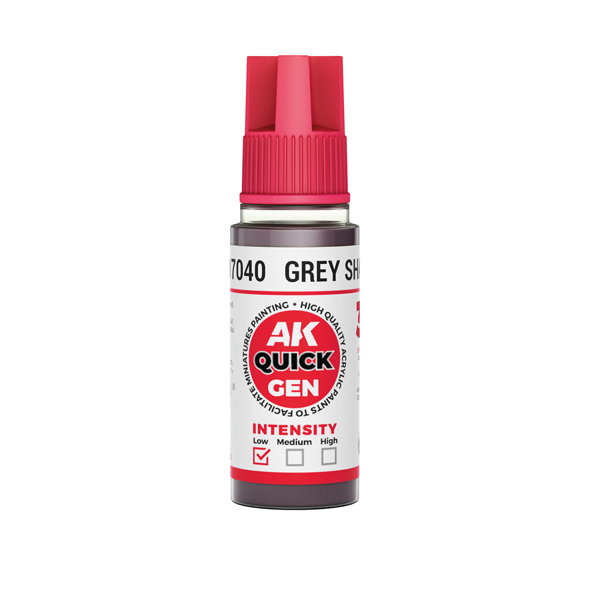 AK Interactive Quick Gen Grey Shadow 18ml bottle of versatile mid-grey contrast paint for shadows and layered basing.