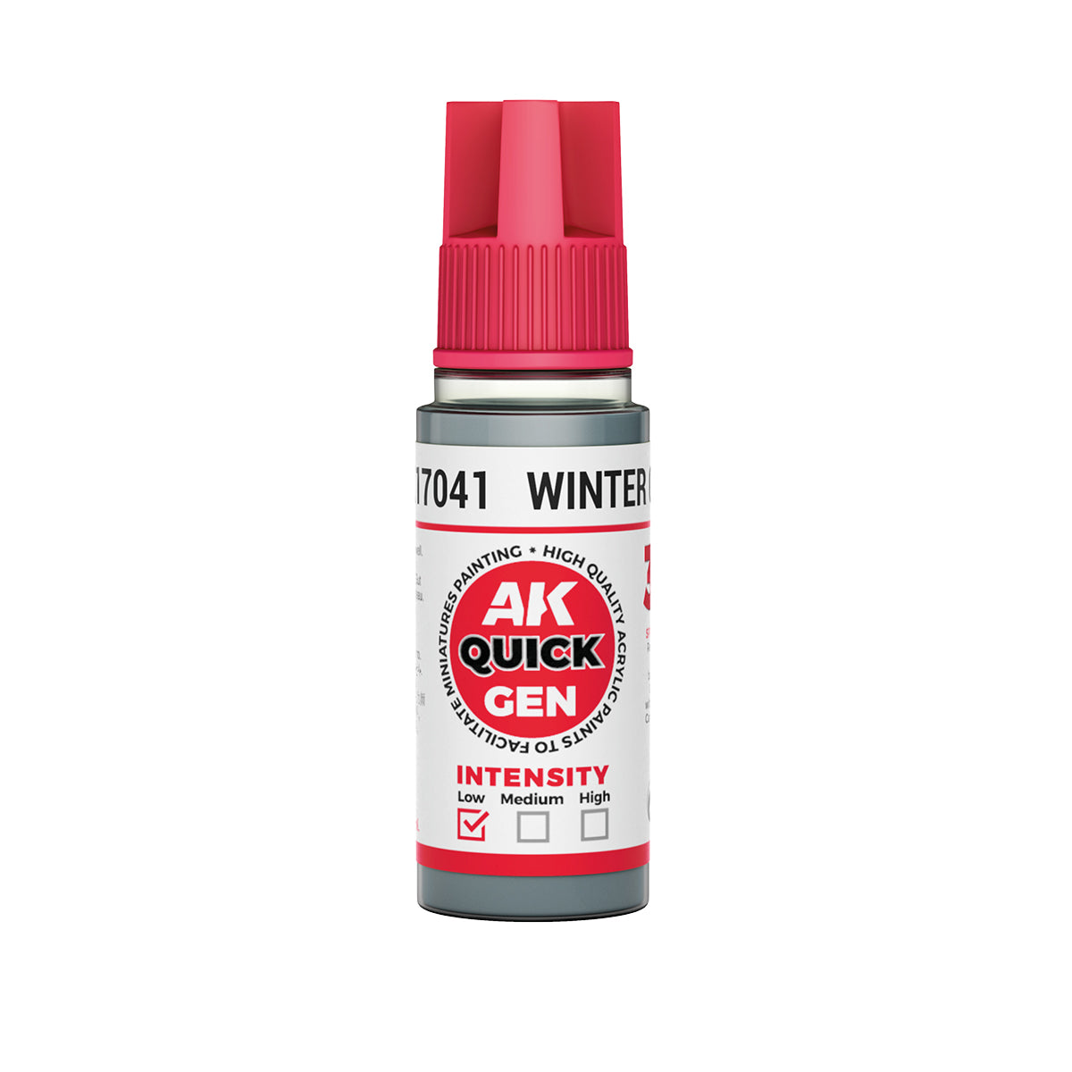 AK Interactive Quick Gen Winter Grey 18ml bottle of cool pale grey contrast paint for winter and ice effects.