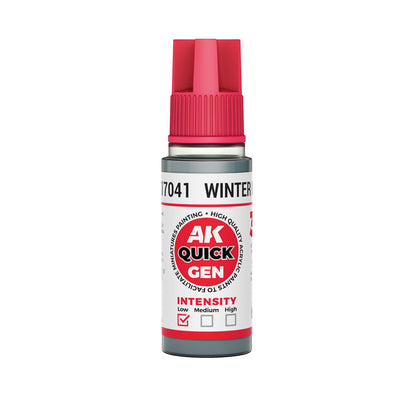 AK Interactive Quick Gen Winter Grey 18ml bottle of cool pale grey contrast paint for winter and ice effects.