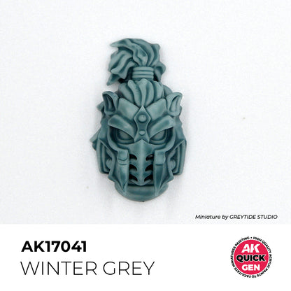 AK Interactive Quick Gen Winter Grey miniature helmet painted in cool pale grey for frosty and winter-themed settings.