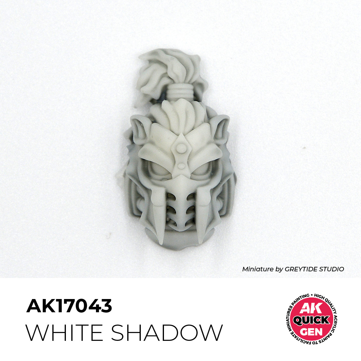 AK Interactive Quick Gen White Shadow showing soft neutral white paint applied on detailed miniature helmet for highlighting and contrast.