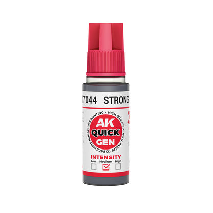 AK Interactive Quick Gen Strong Grey paint bottle for contrast painting mid-grey matte finish ideal for miniatures and sci-fi models.