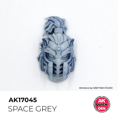 AK Interactive Quick Gen Space Grey paint applied on detailed sci-fi helmet miniature with smooth matte finish and depth.