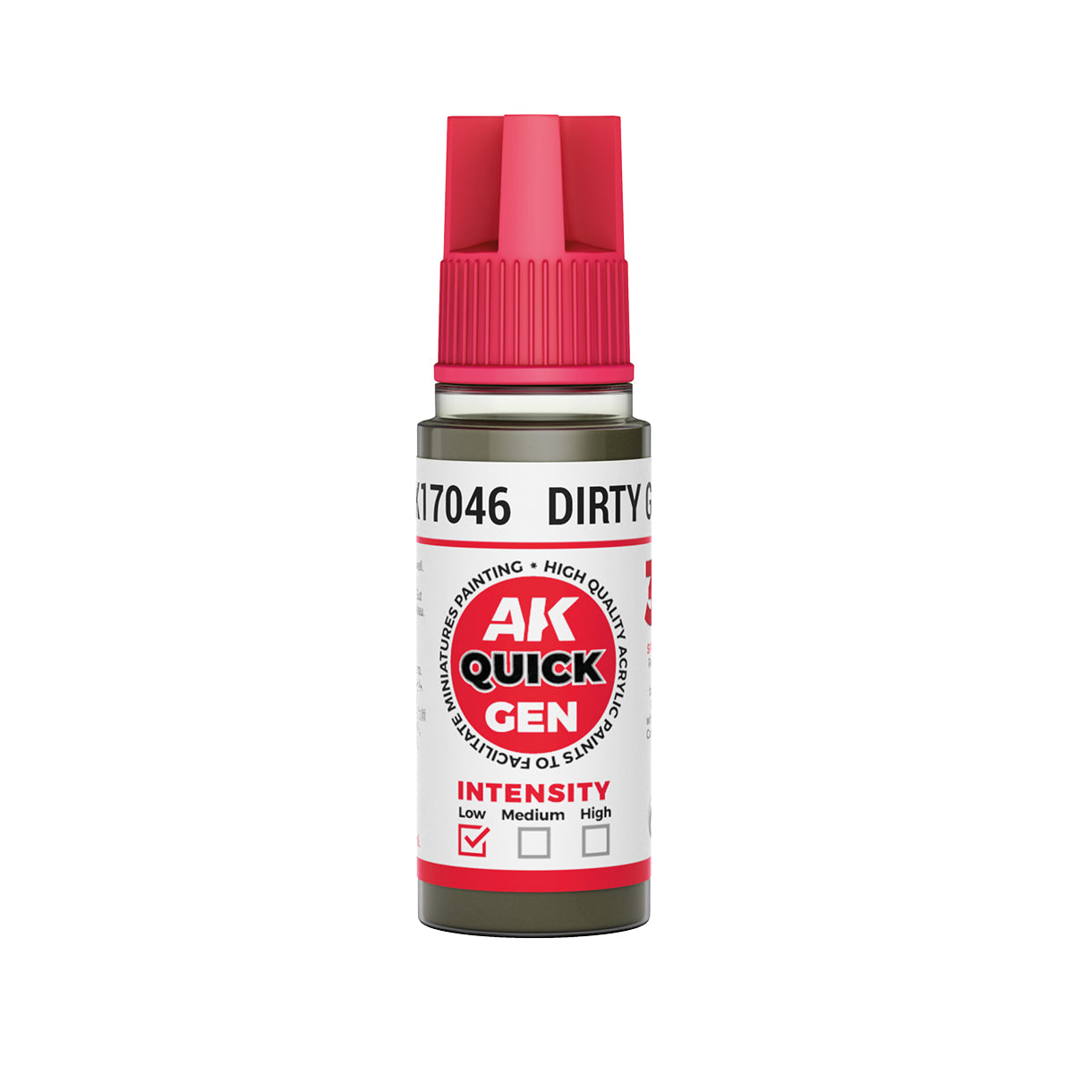 AK Interactive Quick Gen Dirty Grey 18ml bottle contrast paint for weathered miniatures and terrain effects.