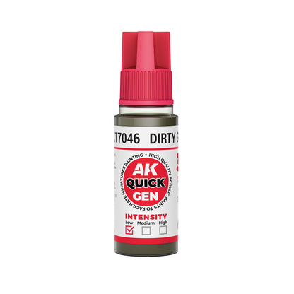AK Interactive Quick Gen Dirty Grey 18ml bottle contrast paint for weathered miniatures and terrain effects.