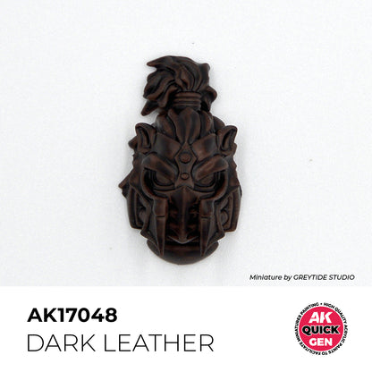 AK Interactive Quick Gen Dark Leather miniature showing detailed deep brown leather texture with matte finish for realistic effects.