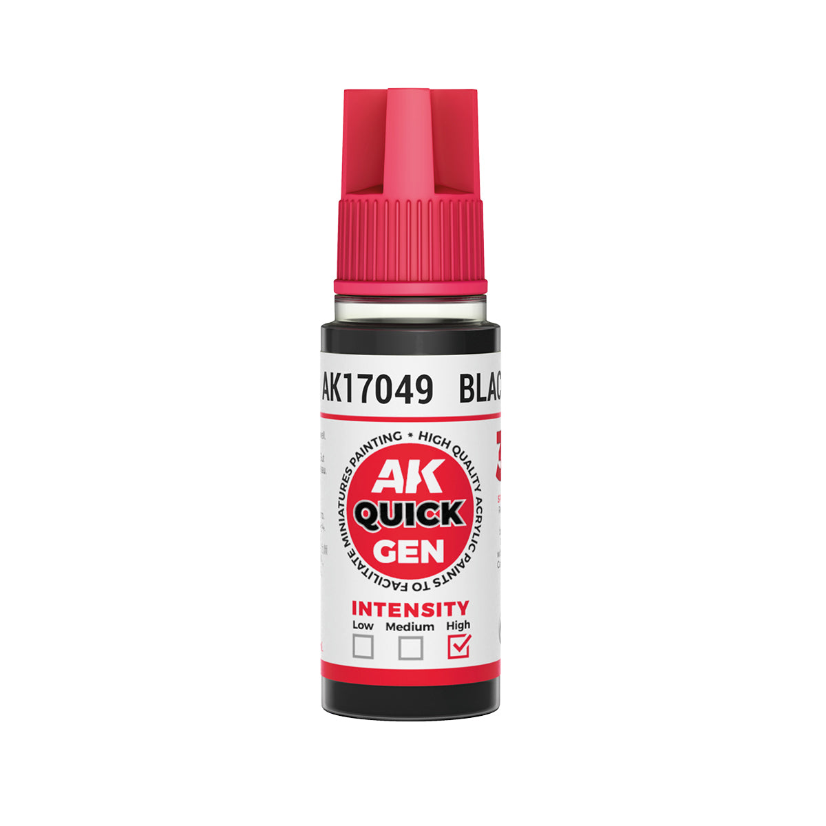 AK Interactive Quick Gen Black 18ml bottle for matte black contrast paint ideal for armor, shadows, and weapons detailing.