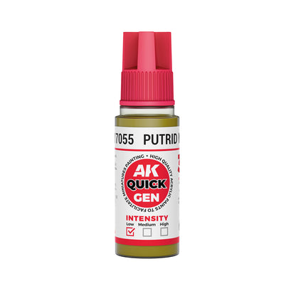 AK Interactive Quick Gen Putrid White 18ml bottle contrast paint for diseased skin, bone, and undead effects with matte finish.