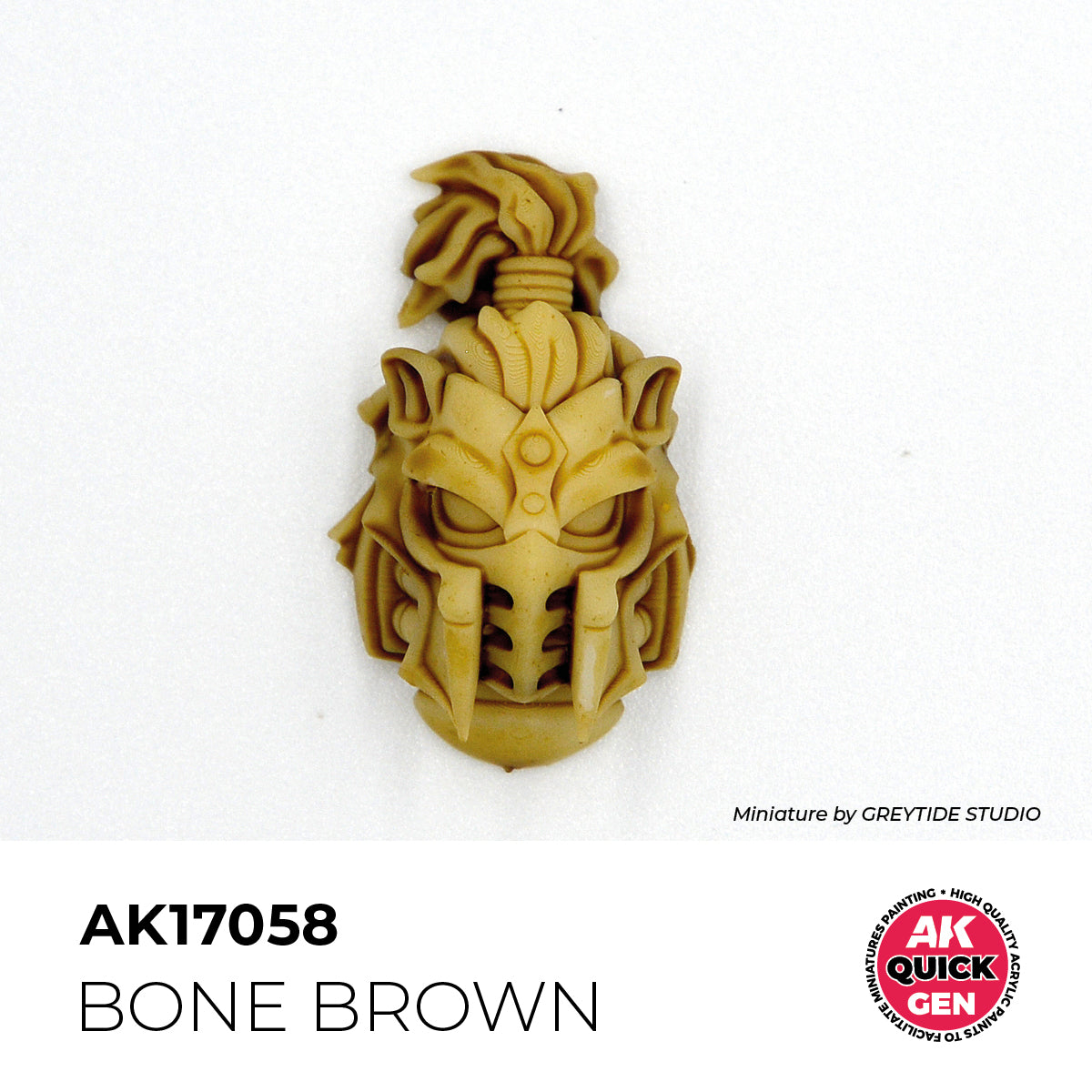 AK Interactive Quick Gen Bone Brown on detailed miniature helmet showing muted matte earthy tone for aged bone effects
