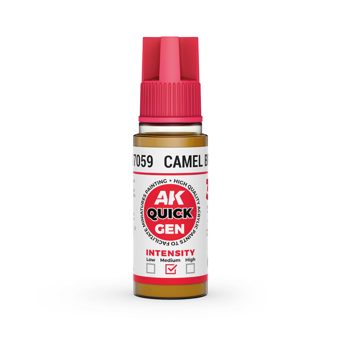 AK Interactive Quick Gen Camel Brown 18ml bottle warm dusty tan paint for realistic desert and leather miniature effects.
