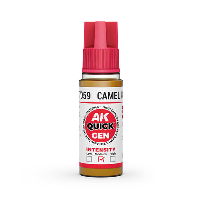 AK Interactive Quick Gen Camel Brown 18ml bottle warm dusty tan paint for realistic desert and leather miniature effects.