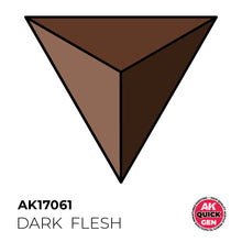 AK Interactive Quick Gen Dark Flesh paint swatch showing rich reddish-brown skin tone for miniature contrast painting.