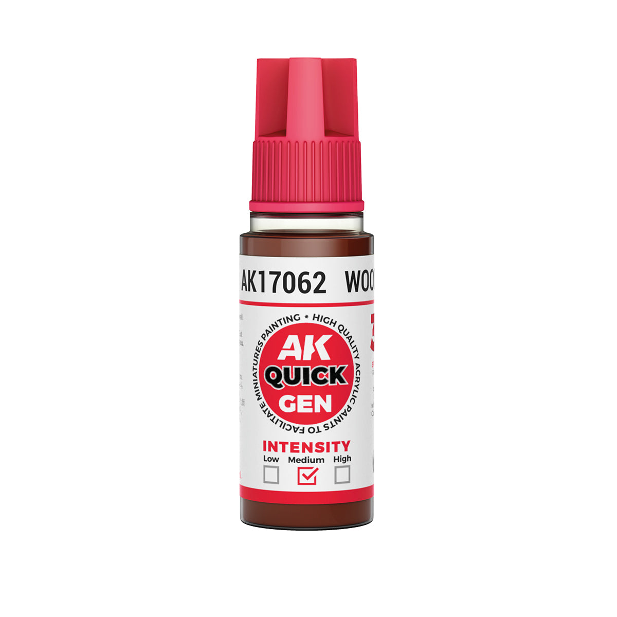 AK Interactive Quick Gen Wood 18ml bottle with mid-brown matte paint for natural wood effects on miniatures.