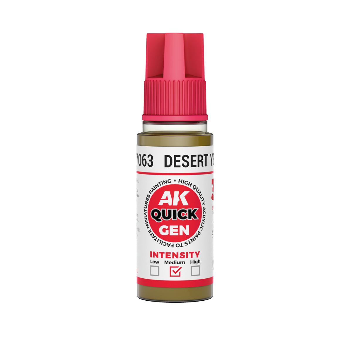 AK Interactive Quick Gen Desert Yellow 18ml bottle with medium intensity sand-toned paint for dry, arid terrain effects.