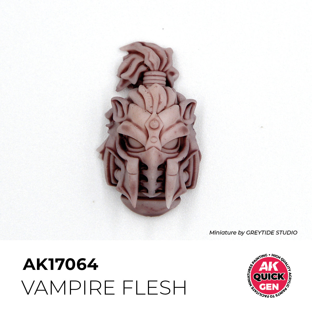 AK Interactive Quick Gen Vampire Flesh miniature paint applied to detailed warrior helmet model with pale, cold skin tone.