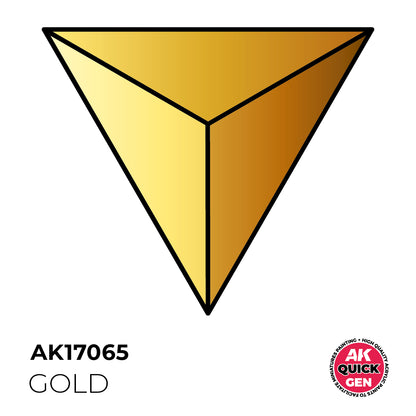 AK Interactive Quick Gen Gold showing bright metallic gold shade with smooth gradients ideal for miniature painting and model detailing.