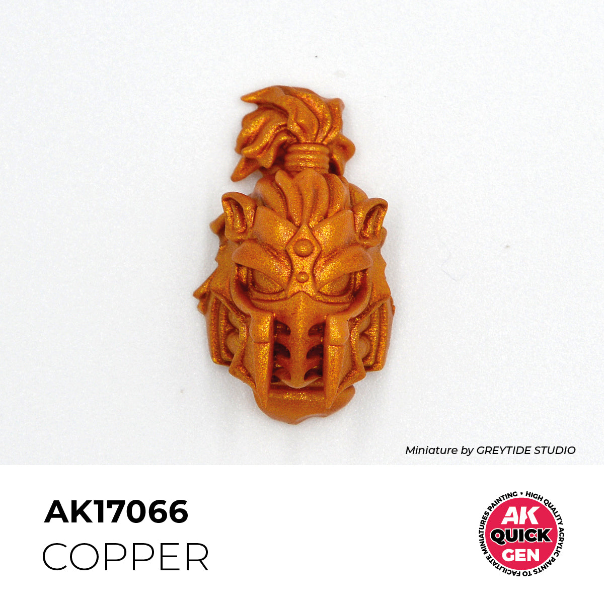 AK Interactive Quick Gen Copper showing warm metallic copper finish with matte shine on miniature helmet detail