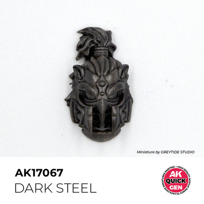 AK Interactive Quick Gen Dark Steal miniature piece painted with dark metallic, matte-steel finish for weapons and armor.