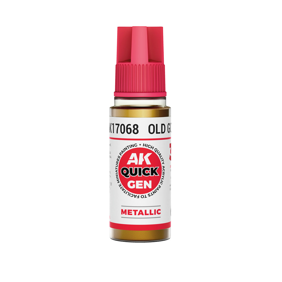 AK Interactive Quick Gen Old Gold 18ml bottle with muted metallic paint for aged armor and relic effects.
