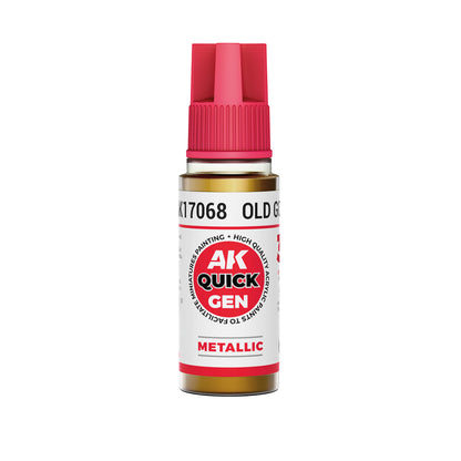 AK Interactive Quick Gen Old Gold 18ml bottle with muted metallic paint for aged armor and relic effects.
