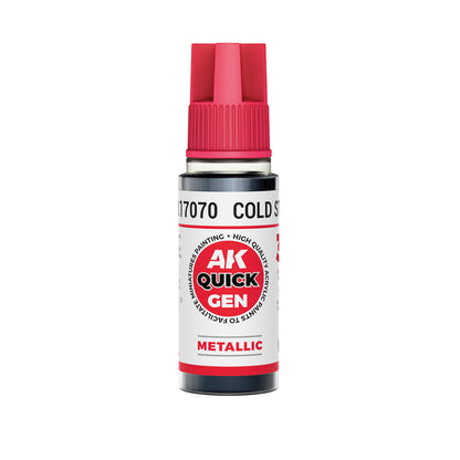 AK Interactive Quick Gen Cold Steel 18ml bottle with bright metallic silver paint for miniatures and models.