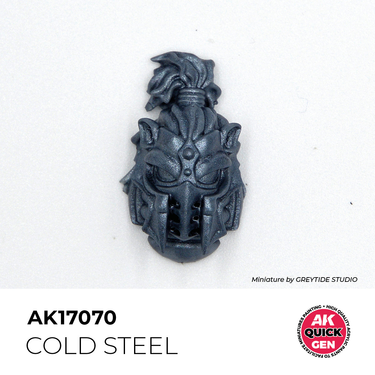 AK Interactive Quick Gen Cold Steel miniature paint sample showing bright metallic silver armor detail on a helmet piece.