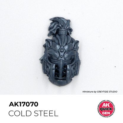 AK Interactive Quick Gen Cold Steel miniature paint sample showing bright metallic silver armor detail on a helmet piece.
