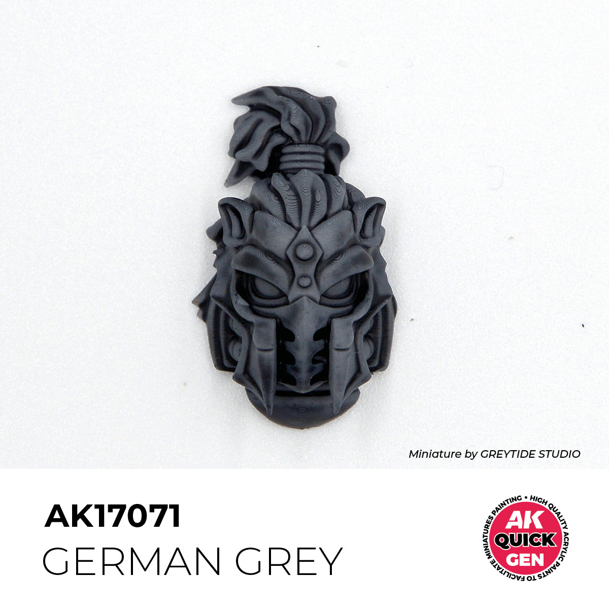 AK Interactive Quick Gen German Grey paint applied on detailed miniature head sculpt showing deep neutral shade and matte finish.