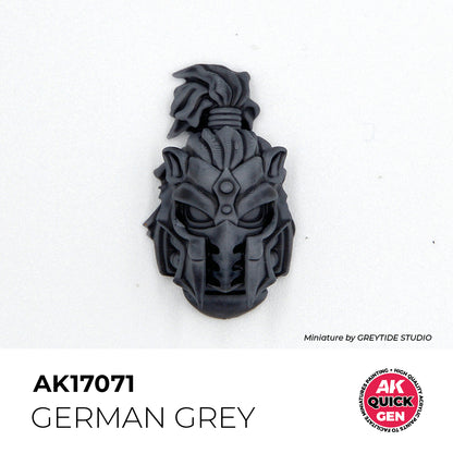 AK Interactive Quick Gen German Grey paint applied on detailed miniature head sculpt showing deep neutral shade and matte finish.