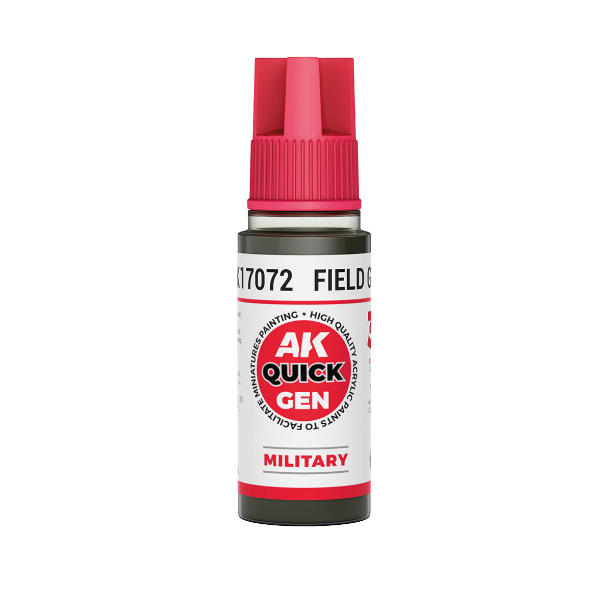 AK Interactive Quick Gen Field Grey 18ml bottle of matte military green-grey contrast paint for miniatures and models.