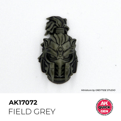 AK Interactive Quick Gen Field Grey matte contrast paint sample on miniature helmet showing muted grey-green tone for military effects