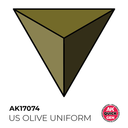 AK Interactive Quick Gen US Olive Uniform paint swatch showing muted green shade for military miniatures with matte finish and fabric realism.