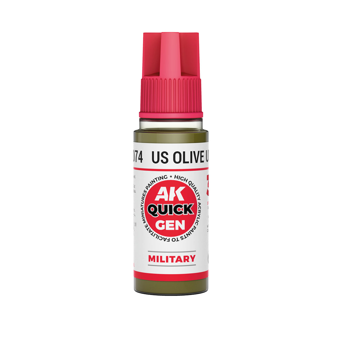 AK Interactive Quick Gen US Olive Uniform paint bottle, matte muted green for military miniatures and tactical gear.