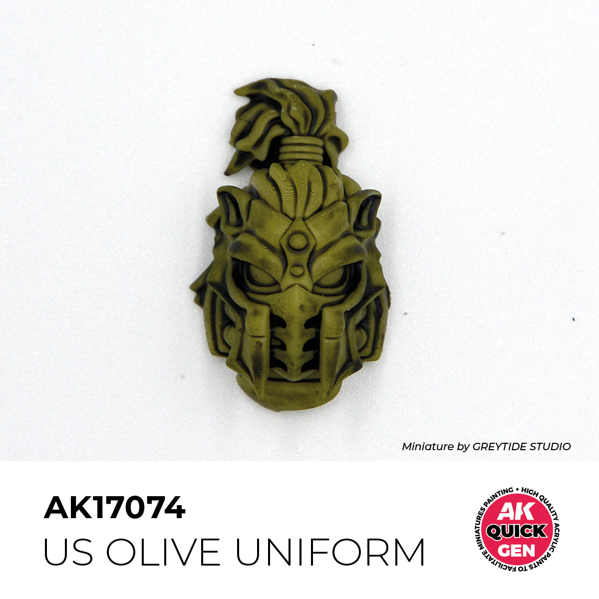 AK Interactive Quick Gen US Olive Uniform on a miniature helmet showcasing authentic muted green matte military tone.