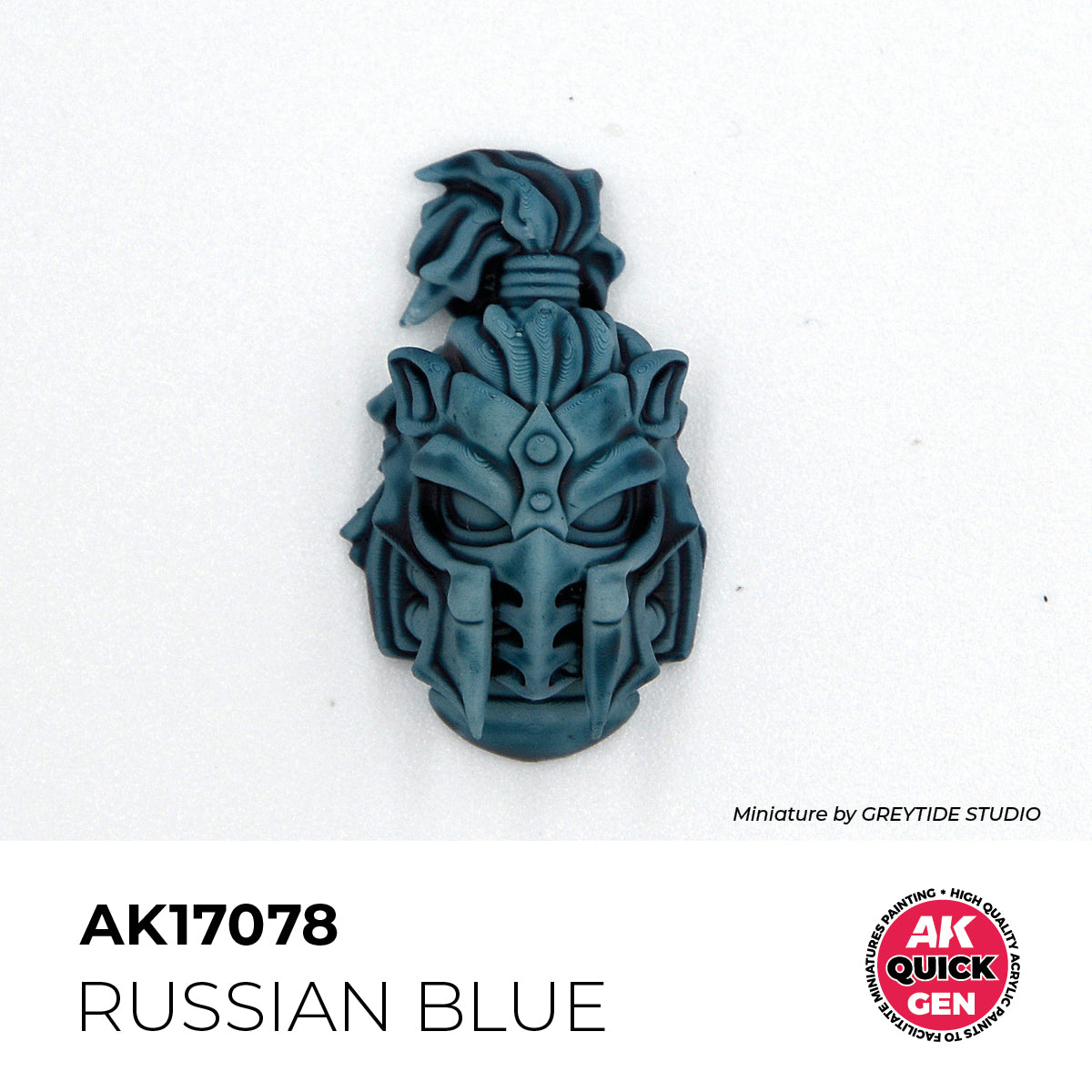 AK Interactive Quick Gen Russian Blue sample showing muted cold blue matte paint on detailed miniature helmet sculpt.