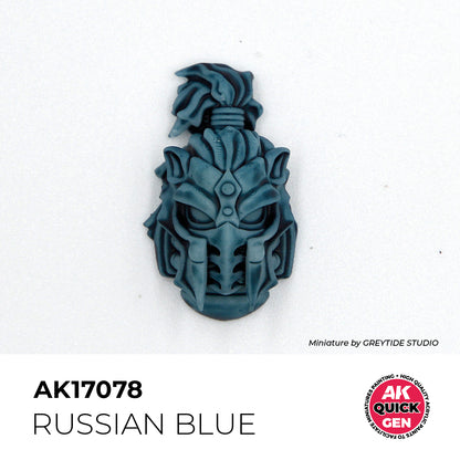 AK Interactive Quick Gen Russian Blue sample showing muted cold blue matte paint on detailed miniature helmet sculpt.