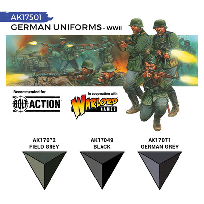 AK Interactive Quick Gen German Uniforms Set showing muted greens and greys ideal for WWII military miniatures and historical painting.