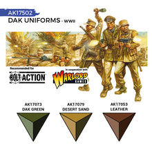 AK Interactive Quick Gen DAK Uniforms Set featuring earthy greens, desert sand, and leather tones for miniature desert warfare painting.