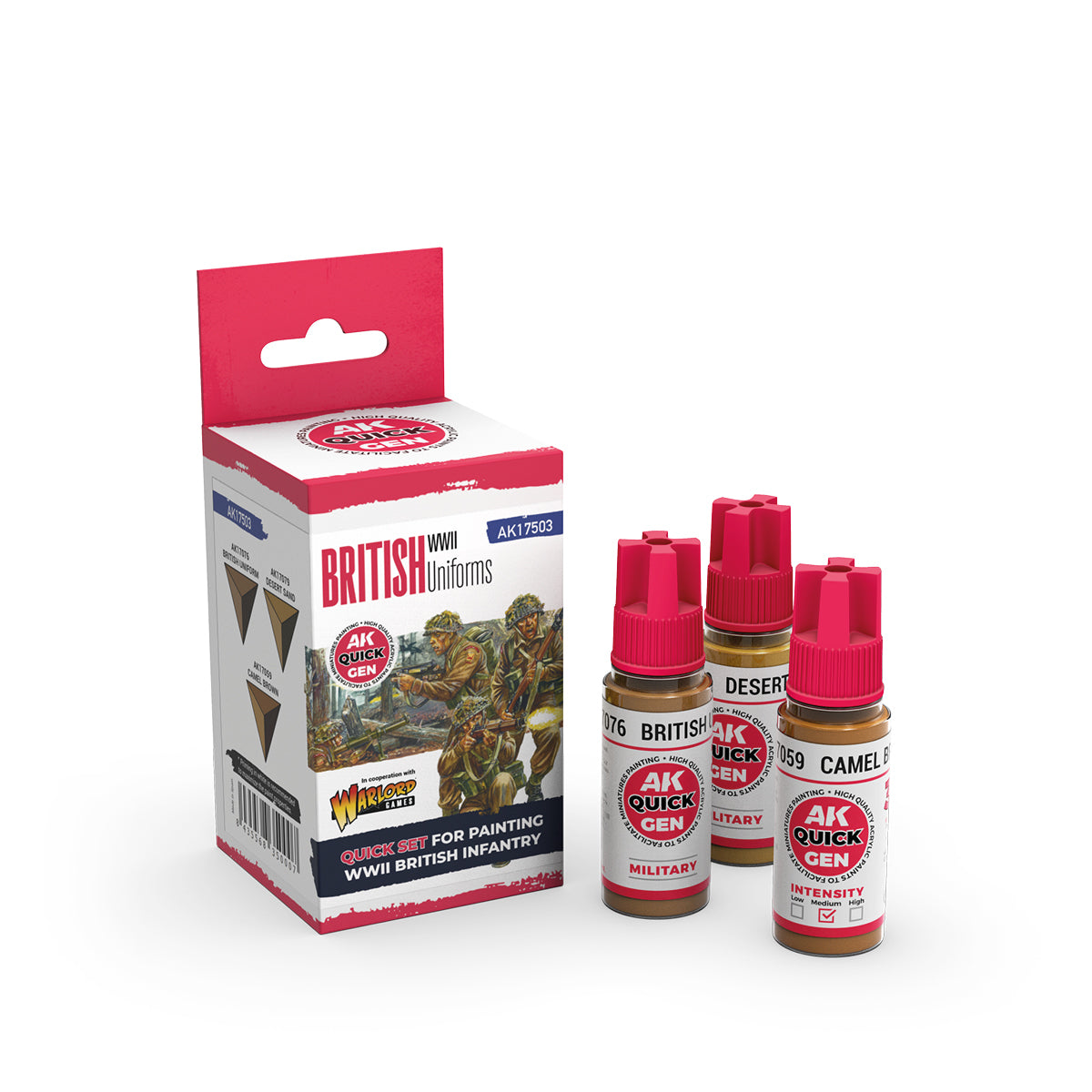 AK Interactive Quick Gen British Uniforms Set includes 18ml paint bottles with green-brown tones for WWII British infantry.