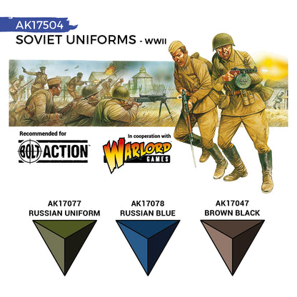 AK Interactive Quick Gen Soviet Uniforms Set with olive greens and muted browns for authentic Eastern front WWII miniature painting.