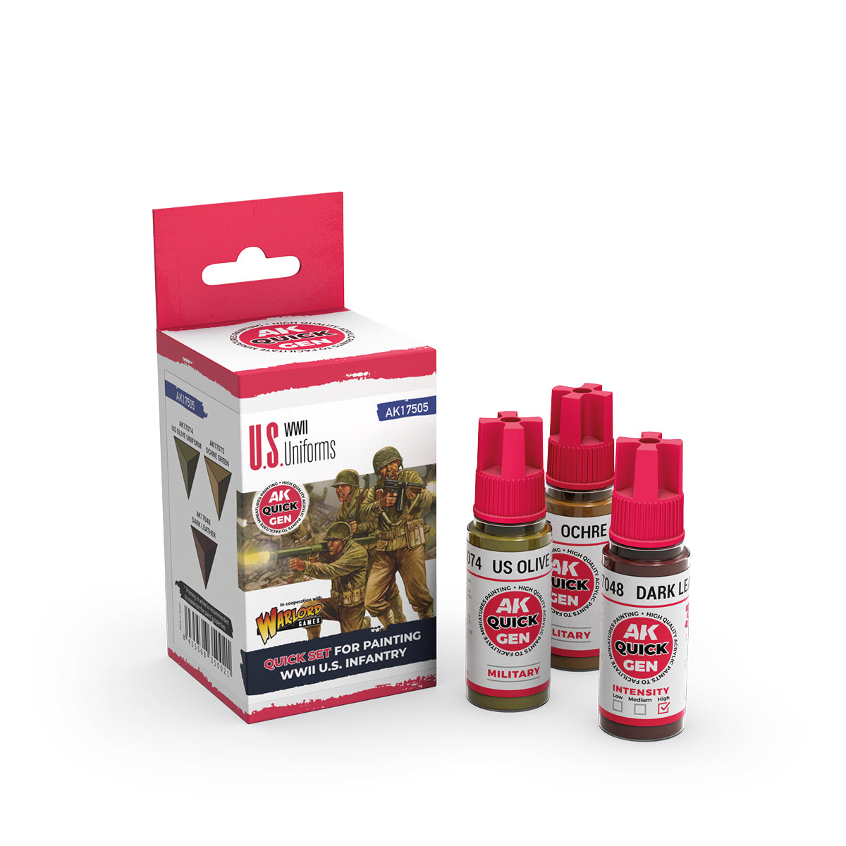 AK Interactive Quick Gen US Uniforms Set with olive and khaki contrast paints for American military miniatures.
