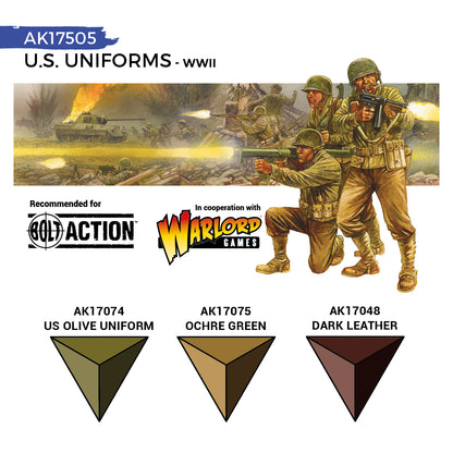 AK Interactive Quick Gen US Uniforms Set featuring olive, ochre green, and dark leather tones for authentic WWII American military models.