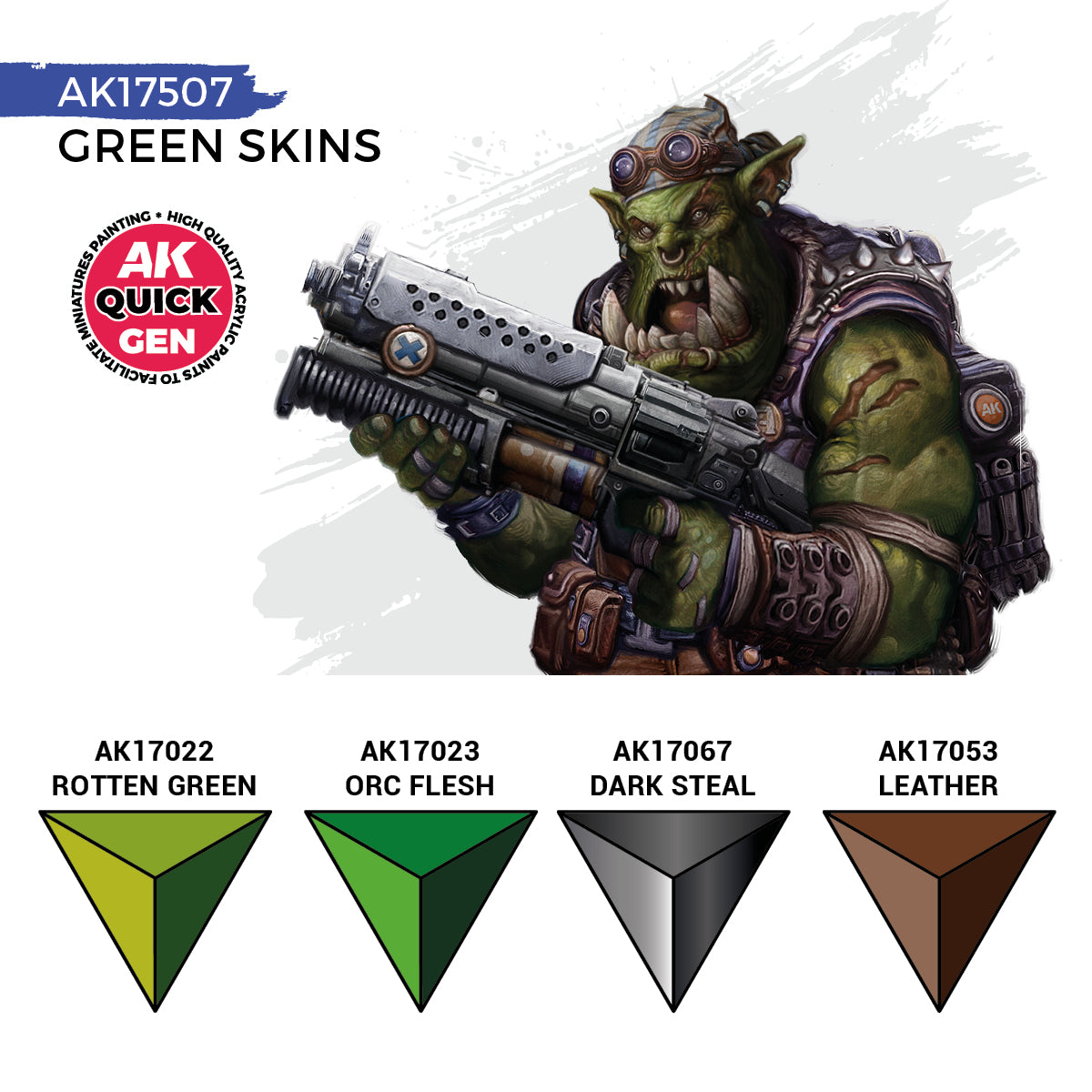 AK Interactive Quick Gen Green Skins Set features vibrant greens ideal for orcs, goblins, and fantasy miniature painting.