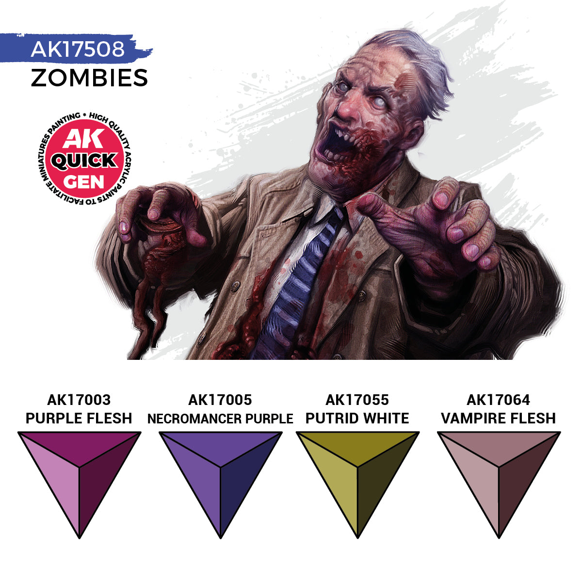 AK Interactive Quick Gen Zombies Set showcasing undead tones in purple, putrid white, and vampire flesh for horror miniatures.