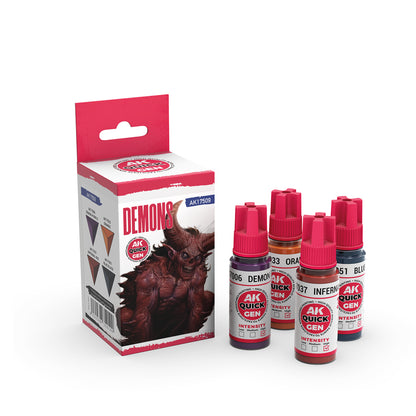AK Interactive Quick Gen Demons Set with vivid reds and dark tones for fantasy miniatures and infernal effects.