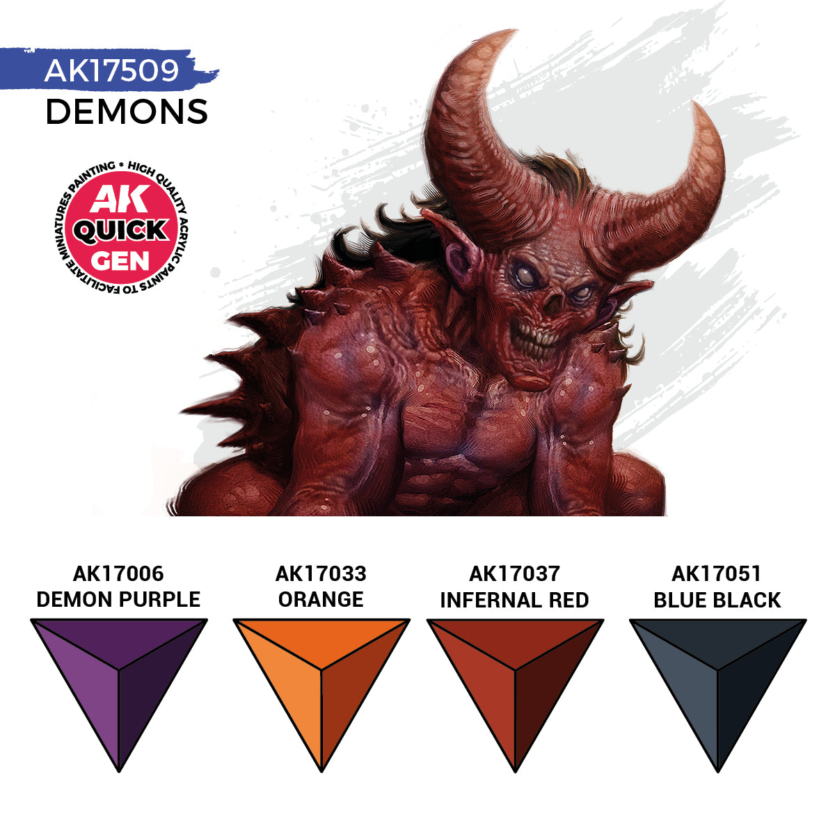 AK Interactive Quick Gen Demons Set showcasing vivid reds, purples, orange, and blue-black contrast paint colors for fantasy miniatures.