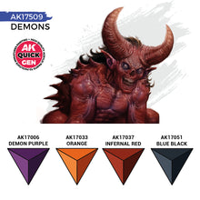 AK Interactive Quick Gen Demons Set showcasing vivid reds, purples, orange, and blue-black contrast paint colors for fantasy miniatures.